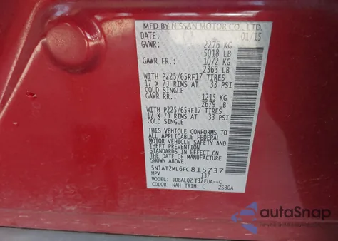 2015 Nissan Rogue Sv из США, поврежденный, VIN 5N1AT2ML6FC815737